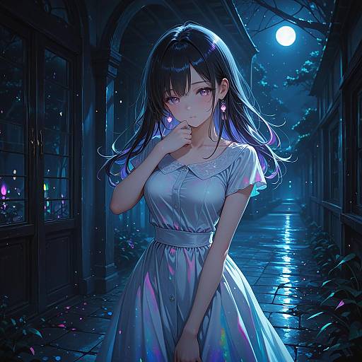 Moonlit Black-Haired Woman with Blush