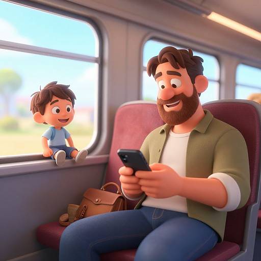 Photorealistic 3D CGI of a bearded man in a green shirt, blue jeans, and white tee, sitting in train, smiling while
