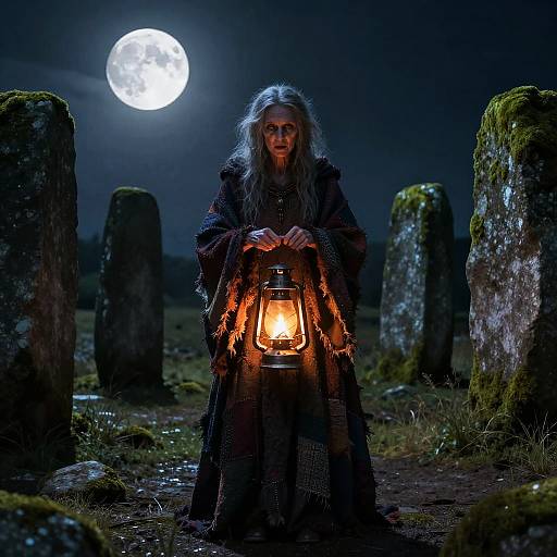 Crone Witch with Lantern Among Stone Monoliths at Night