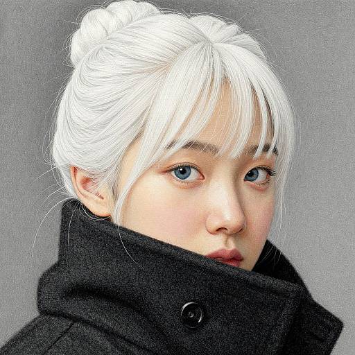 Digital portrait of an Asian woman with pale skin and white hair in a bun, wearing a black coat, against a gray background. Blue eyes, soft