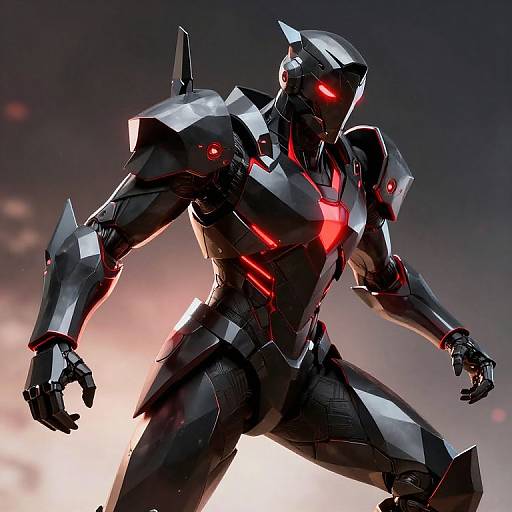 Digital artwork of a sleek, black, red-lit, humanoid robot warrior with glowing red eyes, standing against a dark, cloudy sky.