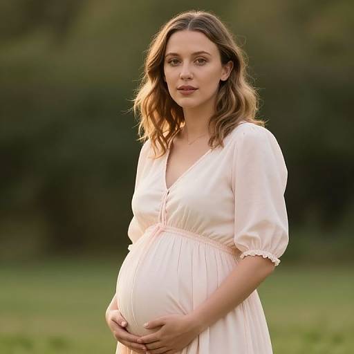 Photograph of a pregnant woman with wavy brown hair, wearing a white, V-neck dress, standing outdoors, holding her belly, with a blurred