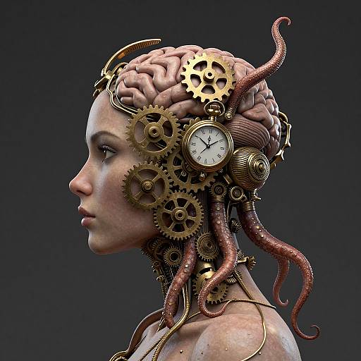 Digital artwork of a pale-skinned woman with a cybernetic head, featuring gears, clock, and pink tentacles, against a dark background.