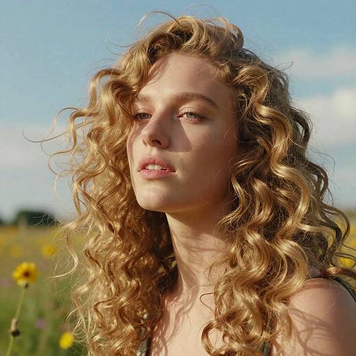 Blond Woman with Curly Hair in Sunlit Field