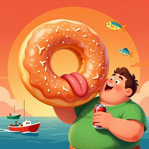 Cartoon of a chubby man with brown hair, green shirt, holding a giant doughnut and soda, against a vibrant sunset seascape with fish and