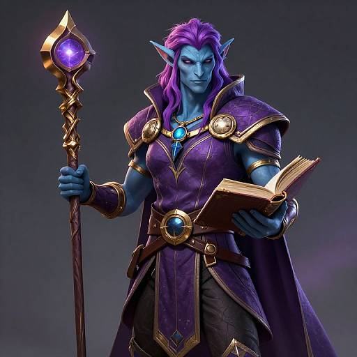 Digital CGI of a muscular, blue-skinned, purple-haired elf with pointed ears, holding a glowing staff and an open book, wearing ornate gold