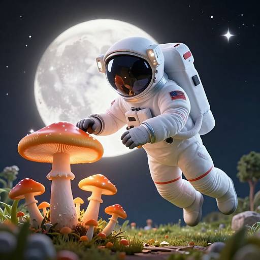 CGI image of a space astronaut in a white suit, with an American flag patch, exploring a glowing red mushroom forest under a bright full moon in
