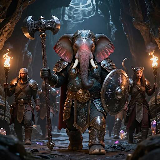 CGI fantasy scene: armored elephant warrior with large hammer and shield, surrounded by torch-carrying human warriors, in a dark, cavernous setting