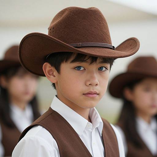 Photograph of an Asian boy with straight black hair, wearing a brown felt cowboy hat and white shirt with brown vest, standing in front of blurred classmates