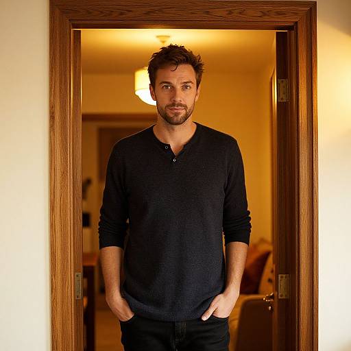 Photograph of a handsome man with short brown hair and beard, wearing a black long-sleeve shirt, standing in a wooden-framed doorway,