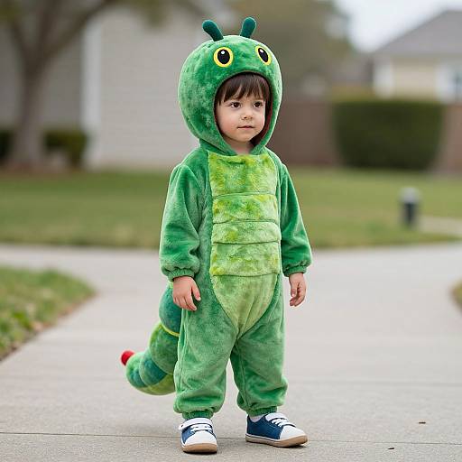 Photograph of a young boy with light skin and dark hair, wearing a green, plush, dinosaur onesie with a tail, standing on a suburban