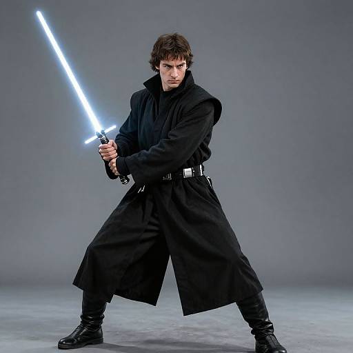 Photograph of a young man with dark hair, wearing a black cloak and holding a glowing blue lightsaber, standing in a grey studio with a focused