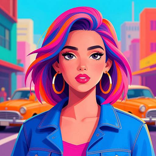 Digital illustration of a woman with vibrant pink, purple, and orange hair, wearing a blue denim jacket and large hoop earrings, standing in a colorful city