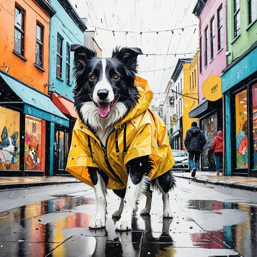 Border Collie in Yellow Raincoat on Colorful Street