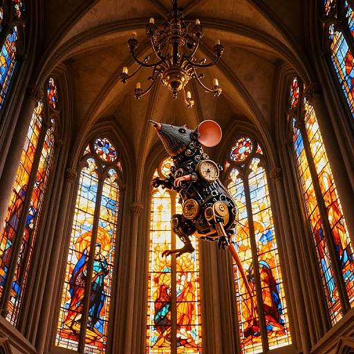 Photograph of a gothic-style church interior with vibrant stained glass windows, featuring a suspended mechanical angel with glowing red balloon.