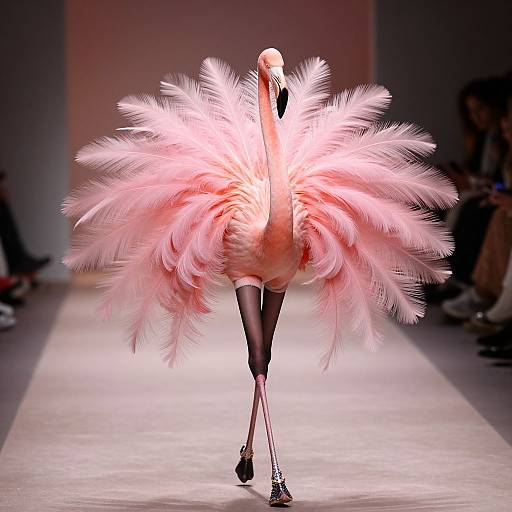 Photograph of a flamingo on a runway, adorned with a massive, pink feathered skirt, standing elegantly on slender black legs.