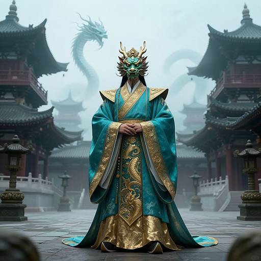 Digital artwork of a regal figure in teal and gold robes, ornate mask, standing in a foggy, traditional Chinese courtyard with dragon-shaped clouds