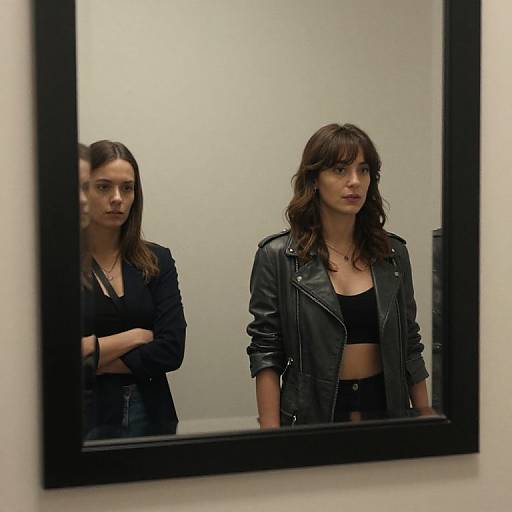 Photograph of two women with brown hair, wearing black leather jackets and tops, standing in front of a mirror, reflected image.