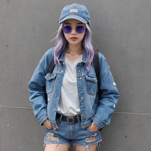 Young Woman in Denim Outfit with Purple Hair