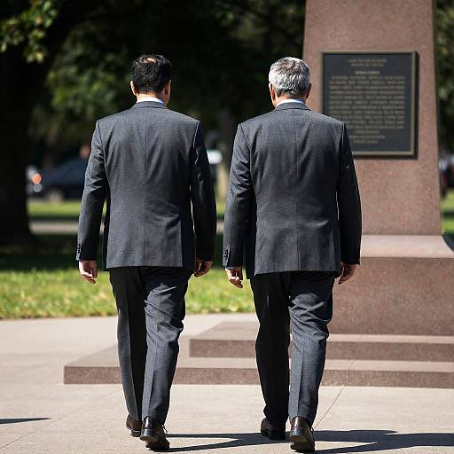 Men Walking Away from Monument in Sunlight