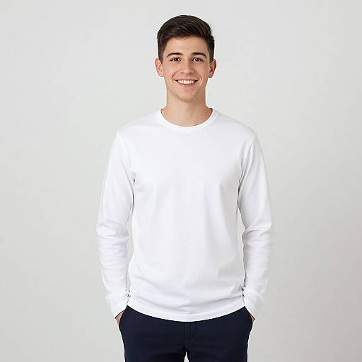 Photograph of a young man with short dark hair, smiling, wearing a plain white long-sleeve shirt and black pants, standing against a plain