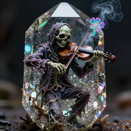 Photograph of a skeletal figure playing a violin within a crystal orb, surrounded by colorful lights and a floating, glowing butterfly.