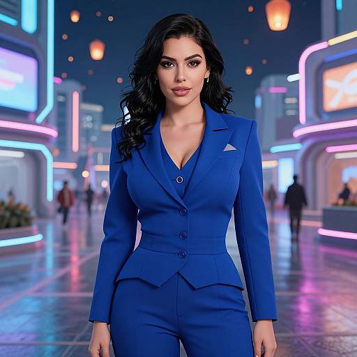 Photorealistic CGI of a confident woman with long black hair, wearing a blue business suit, walking in a neon-lit, futuristic city street at