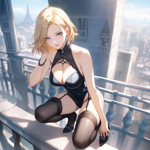 Blonde Woman in Black Lingerie on Paris Balcony