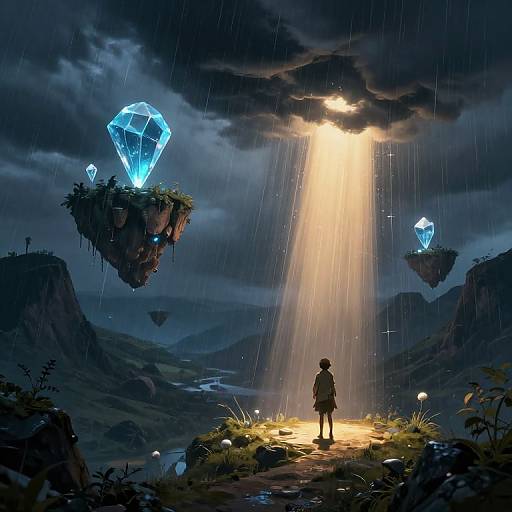 Digital fantasy artwork: Silhouetted figure stands on glowing path, rain falls, beams of light illuminate floating crystal islands in dark, cloudy sky.