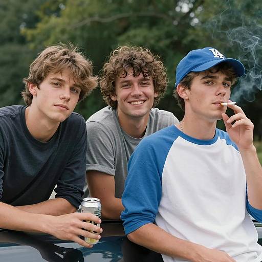 Three Friends Relaxing by Their Car