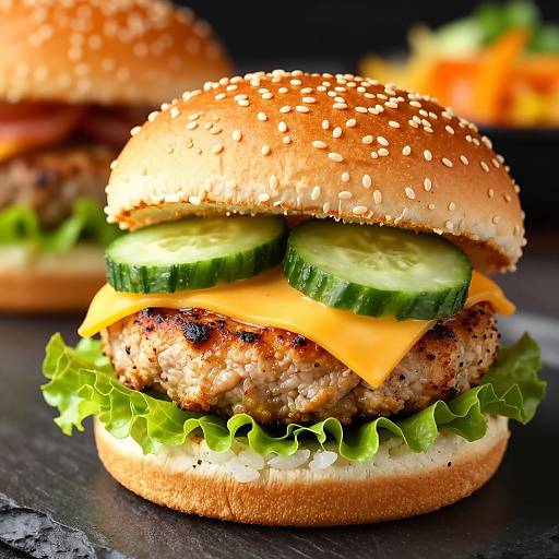 Photograph of a juicy beef burger with sesame seed bun, green lettuce, cucumber slices, melted orange cheddar cheese, and tomato.