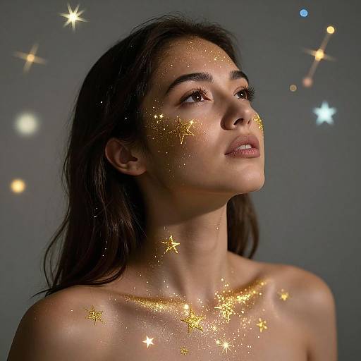Photograph of a young woman with glowing gold star sparkles on her face and shoulders, looking upward against a dark gray background with blurred star lights.