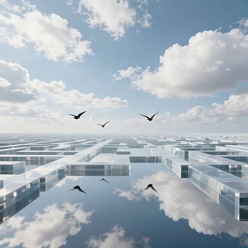 Digital art: reflection of modern glass buildings in a still water surface, with three birds flying against a bright blue sky and fluffy white clouds.