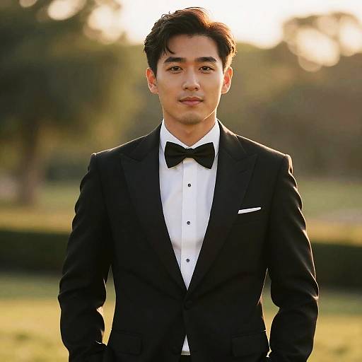 Handsome Man in Classic Black Tuxedo Outdoors
