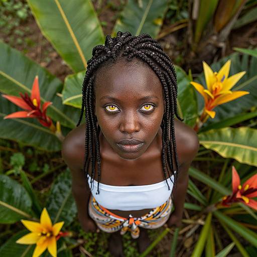 Photograph of a dark-skinned woman with glowing yellow eyes, wearing braided hair and a white top, standing among vibrant yellow and orange flowers and