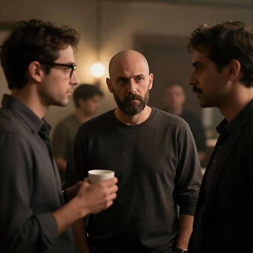 Intense Trio in Dimly Lit Room