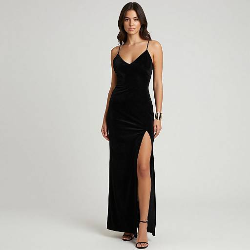Photograph of a confident woman with long dark hair, wearing a sleek black, sleeveless, V-neck, thigh-high slit evening gown, black str