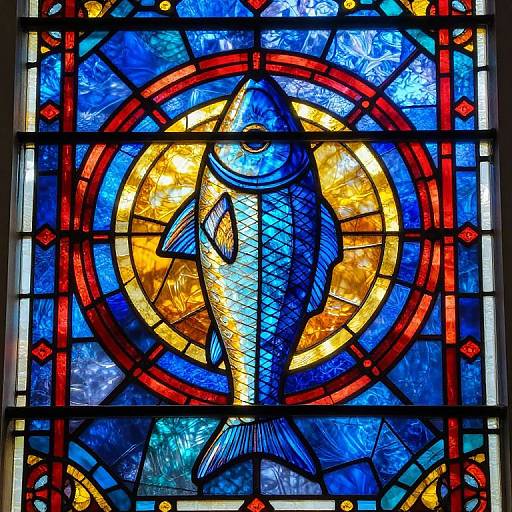 Stained glass window depicting a blue fish with detailed scales, centered in a circular yellow and blue design with red borders.
