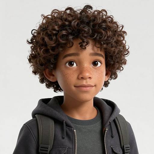 Photograph of a young boy with curly dark brown hair, brown eyes, light brown skin, freckles, wearing a black hoodie and backpack,
