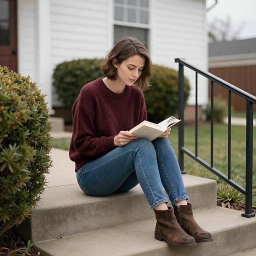 Woman Reading on Concrete Steps