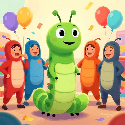 Colorful cartoon image of five children in insect-themed costumes standing around a large green caterpillar mascot with balloons and confetti.