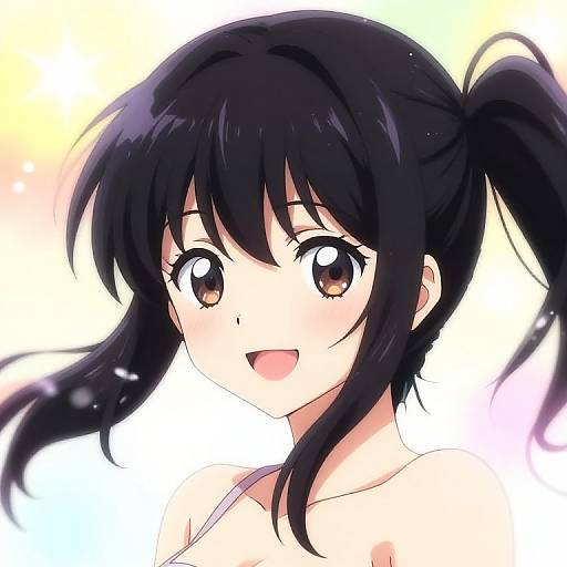 Anime-style digital drawing of a cute, smiling girl with large brown eyes, black hair in a side ponytail, and light skin. Background is a