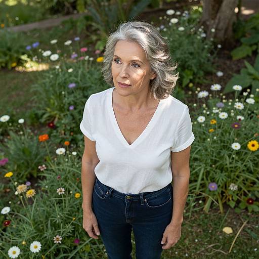 Photograph of a middle-aged woman with gray hair, wearing a white V-neck shirt and dark jeans, standing in a vibrant, sunlit garden with
