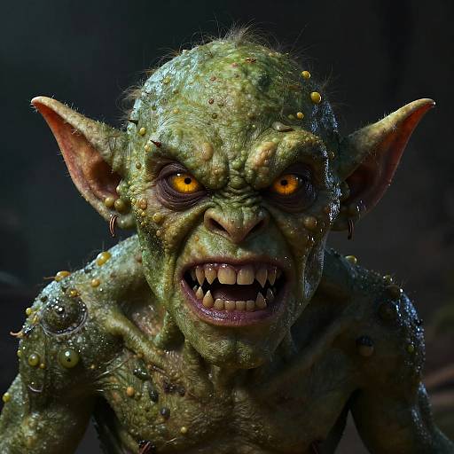 Photorealistic CGI of a green-skinned, orc-like creature with glowing orange eyes, sharp teeth, and textured skin, roaring menacingly. Dark
