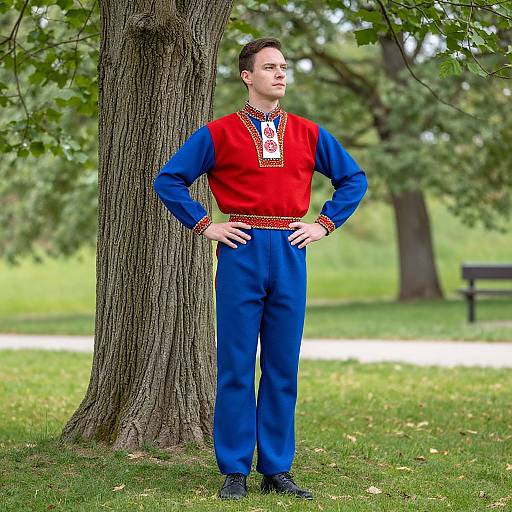 Photograph of a young man with short black hair, standing in a park, wearing a red and blue traditional outfit with white and red embroidery, hands