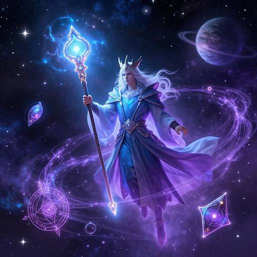 Mystical Mage Floating in Cosmic Space