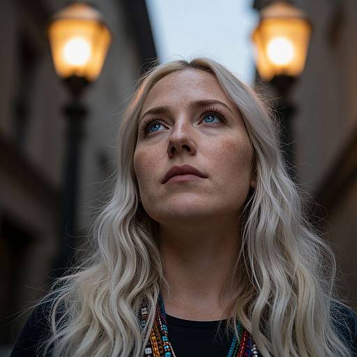Photograph of a blonde woman with wavy hair, blue eyes, and a contemplative expression, standing in a dimly lit, narrow alley with