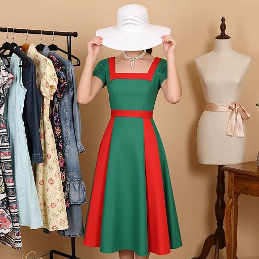 Photograph of a woman in a green and red dress, white hat, pearl necklace, standing beside a dress form and clothing rack.
