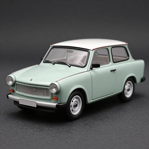 Photograph of a small, mint-green, vintage, four-door car with white roof, chrome grille, round headlights, and white wheels on a dark