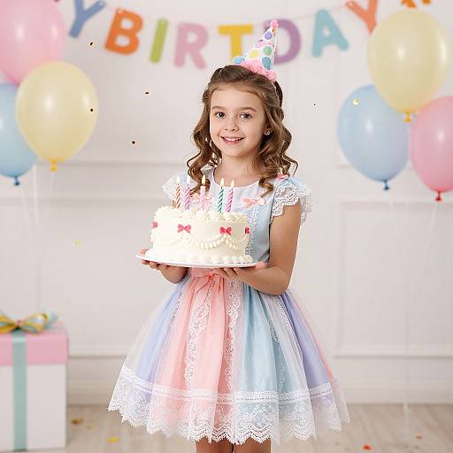Photograph of a smiling young girl with curly brown hair, wearing a pastel blue and pink lace dress and party hat, holding a white birthday cake